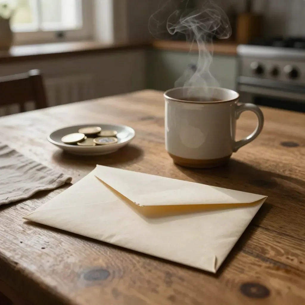 Open envelop, kaartsleeve, mok en muntschaaltje op keukentafel na het eten.