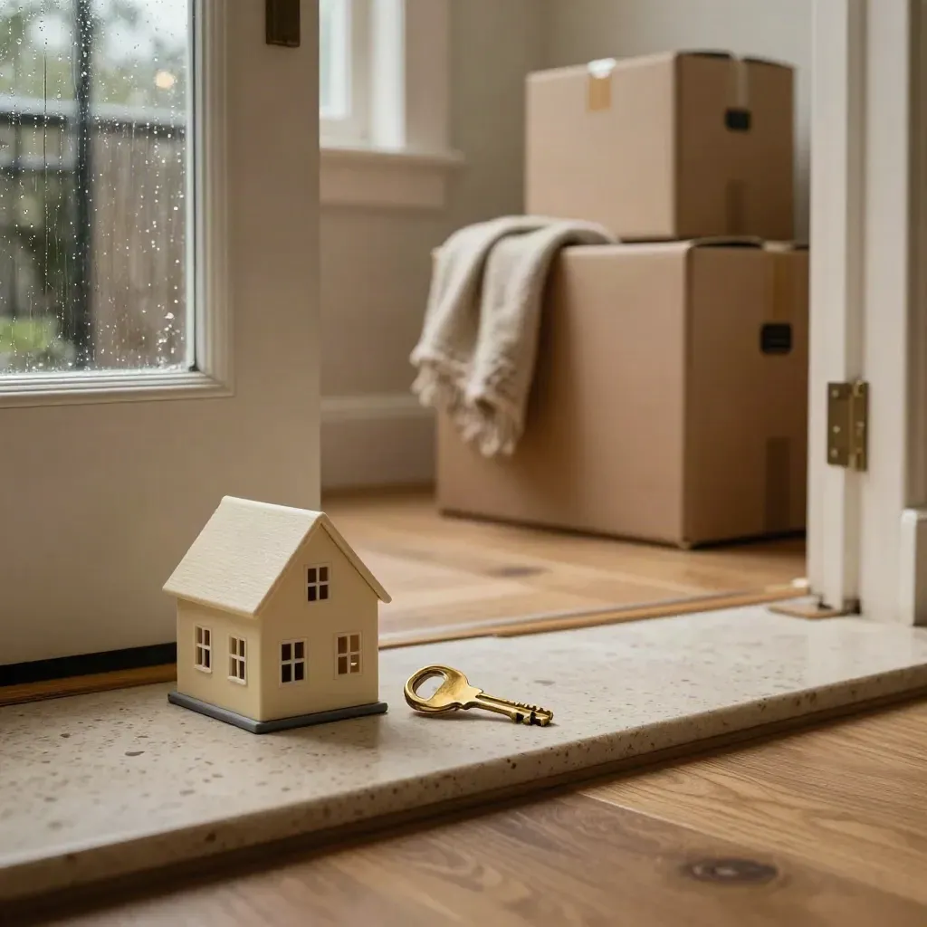 Brass key en modelhuis bij verhuisdozen in een nieuwe entree met regen op het glas